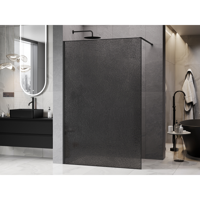 Mexen Kioto Duschwand Walk-in 90 x 200 cm, Crackle-Graphit 12 mm, Schwarz - 800-090-101-70-44-X