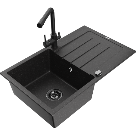 Mexen Bruno Granitspüle 1-Becken mit Abtropffläche und Küchenarmatur Duero, Schwarz/Silber Metallic - 6513-73-671600-70-B