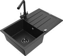 Mexen Bruno Granitspüle 1-Becken mit Abtropffläche und Küchenarmatur Duero, Schwarz/Silber Metallic - 6513-73-671600-70-B