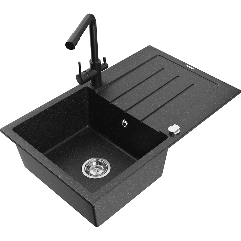 Mexen Bruno Granitspüle 1-Becken mit Abtropffläche und Küchenarmatur Duero, schwarz/silber metallic - 6513-73-671600-70