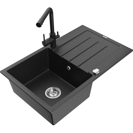 Mexen Bruno Granitspüle 1-Becken mit Abtropffläche und Küchenarmatur Duero, schwarz/silber metallic - 6513-73-671600-70