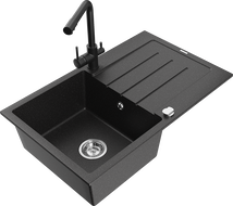 Mexen Bruno Granitspüle 1-Becken mit Abtropffläche und Küchenarmatur Duero, schwarz/silber metallic - 6513-73-671600-70