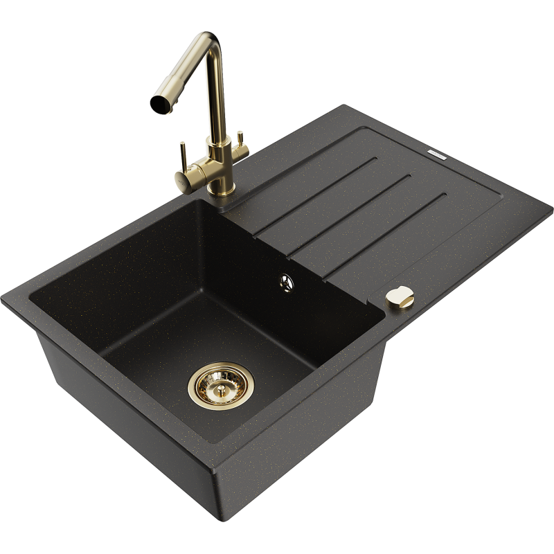 Mexen Bruno Granit Spülbecken 1-komorig mit Abtropffläche und Küchenarmatur Duero, schwarz/gold-metallic - 6513-75-671600-50