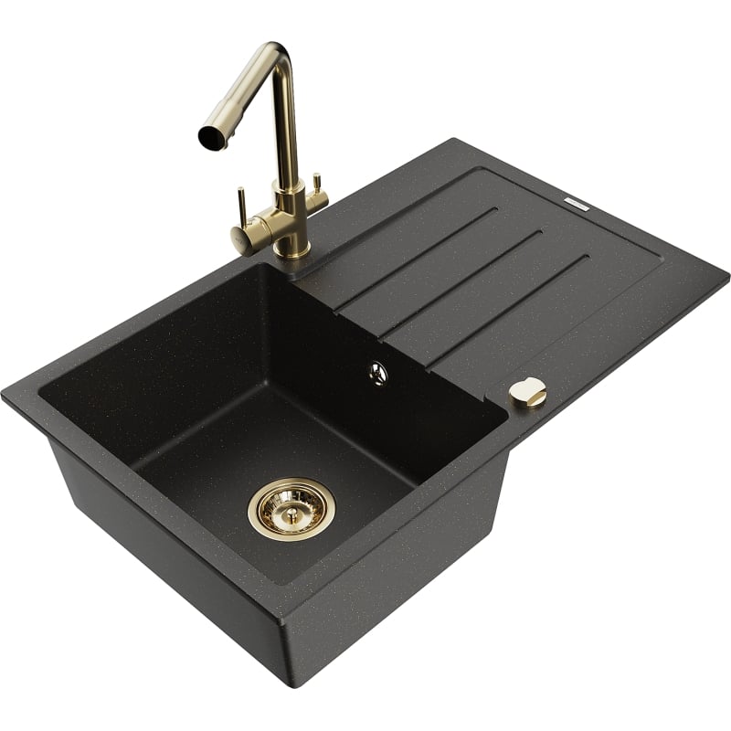 Mexen Bruno granitspüle 1-beckig mit Abtropffläche und Küchenarmatur Duero, schwarz/gold metallic - 6513-75-671600-50