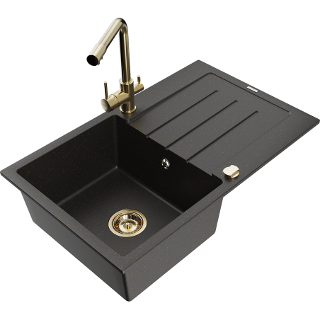 Mexen Bruno Granit Spülbecken 1-komorig mit Abtropffläche und Küchenarmatur Duero, schwarz/gold-metallic - 6513-75-671600-50