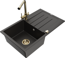 Mexen Bruno Granit Spülbecken 1-komorig mit Abtropffläche und Küchenarmatur Duero, schwarz/gold-metallic - 6513-75-671600-50