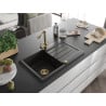 Mexen Bruno Granit Spülbecken 1-komorig mit Abtropffläche und Küchenarmatur Duero, schwarz/gold-metallic - 6513-75-671600-50