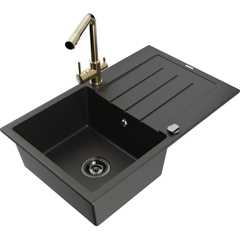 Mexen Bruno Granitspüle 1-Becken mit Abtropffläche und Küchenarmatur Duero, schwarz/gold metallic - 6513-75-671600-50-B