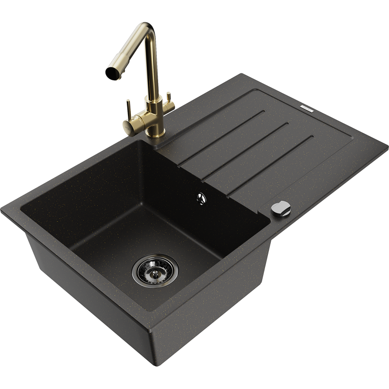 Mexen Bruno Granitspüle 1-Kammer mit Abtropffläche und Küchenarmatur Duero, schwarz/gold Metallic - 6513-75-671600-50-B