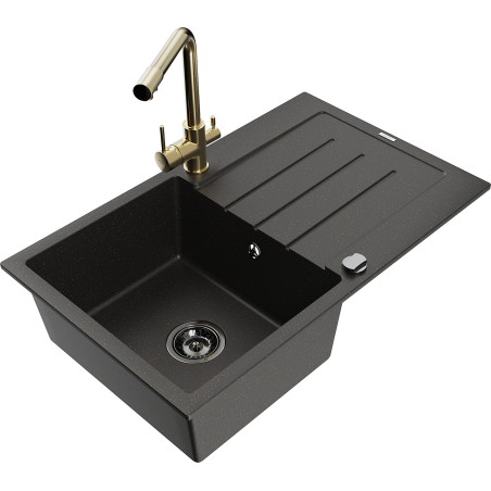 Mexen Bruno Granitspüle 1-Kammer mit Abtropffläche und Küchenarmatur Duero, schwarz/gold Metallic - 6513-75-671600-50-B