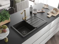 Mexen Bruno Granitspüle 1-Kammer mit Abtropffläche und Küchenarmatur Duero, schwarz/gold Metallic - 6513-75-671600-50-B