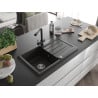 Mexen Bruno Granitspüle 1-beckig mit Abtropffläche und Küchenarmatur Duero, schwarz/goldenes Metallic - 6513-75-671600-70