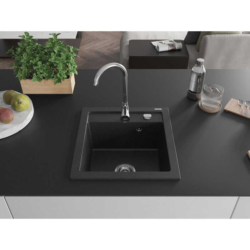 Mexen Vito Granitspüle 1-becken mit Küchenarmatur Telma, schwarz/silber metallic - 6503-73-670200-00