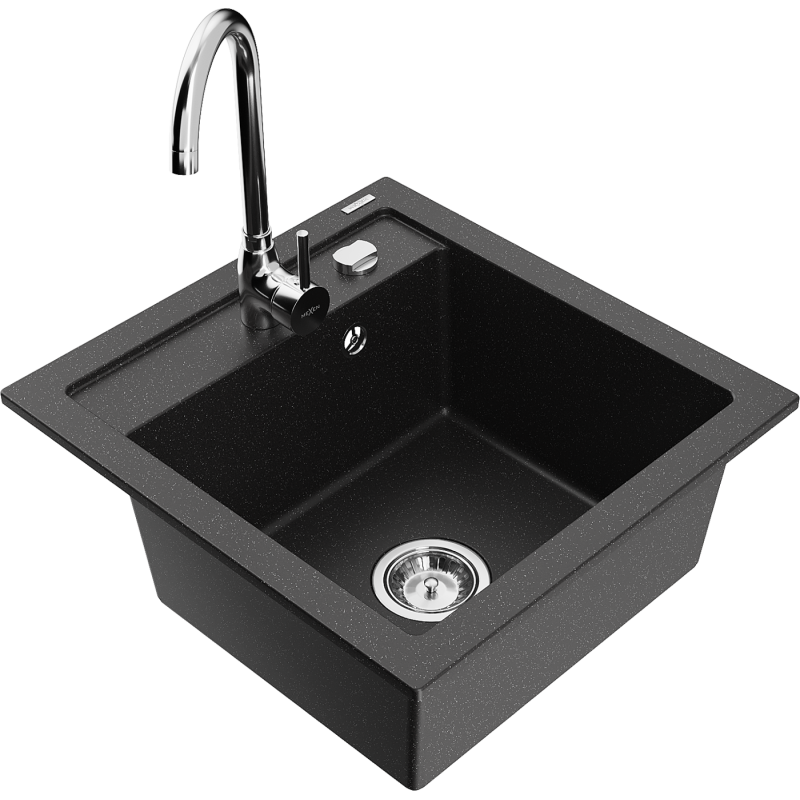 Mexen Vito Granitspüle 1-becken mit Küchenarmatur Telma, schwarz/silber metallic - 6503-73-670200-00