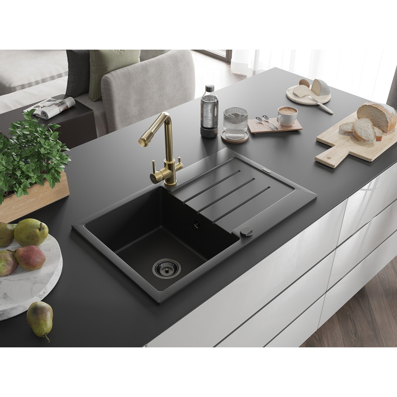 Mexen Bruno Einzelbecken Granitspüle mit Abtropffläche und Küchenarmatur Duero, schwarz - 6513-77-671600-50-B