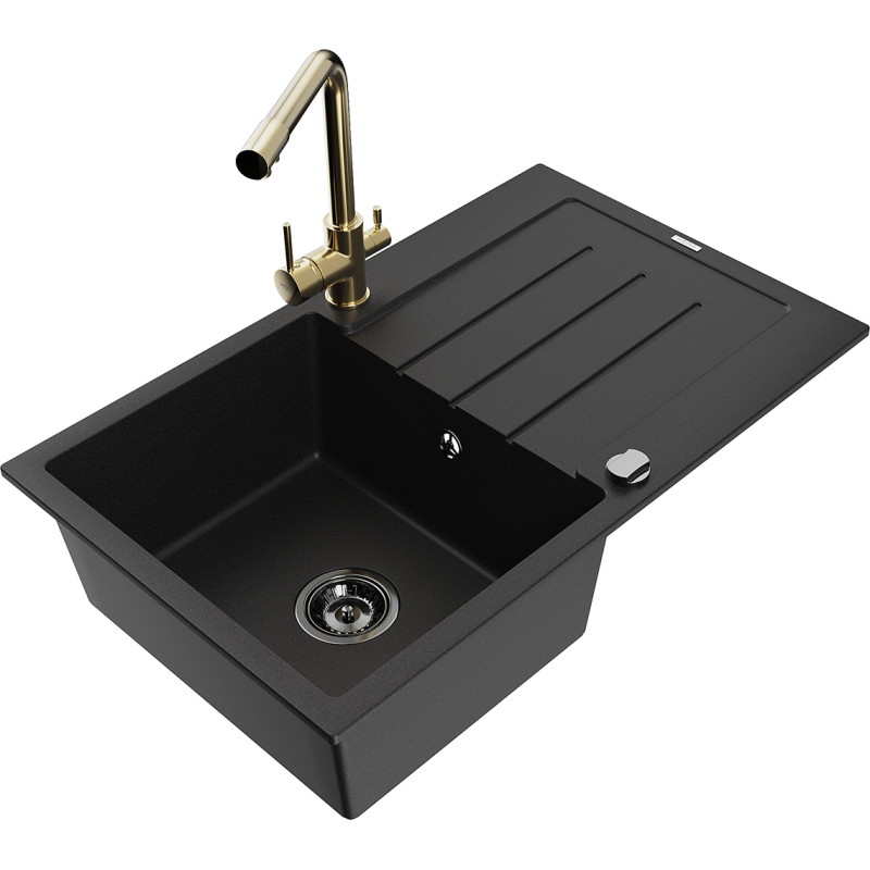 Mexen Bruno Einzelbecken Granitspüle mit Abtropffläche und Küchenarmatur Duero, schwarz - 6513-77-671600-50-B