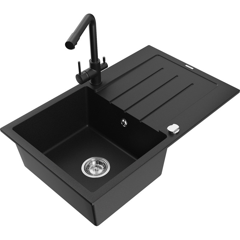 Mexen Bruno Granitspüle 1-Becken mit Abtropffläche und Küchenarmatur Duero, schwarz - 6513-77-671600-70