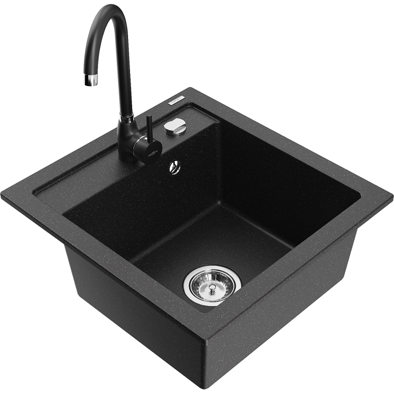 Mexen Vito Granitspüle 1-Becken mit Küchenarmatur Telma, schwarz/silber Metallic - 6503-73-670200-70