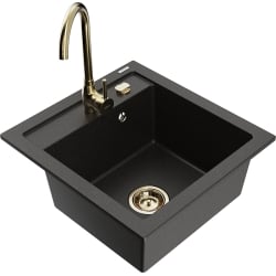 Mexen Vito 1-Becken-Granit-Spüle mit Mischbatterie Telma, Schwarz/Gold Metallisch - 6503-75-670200-50