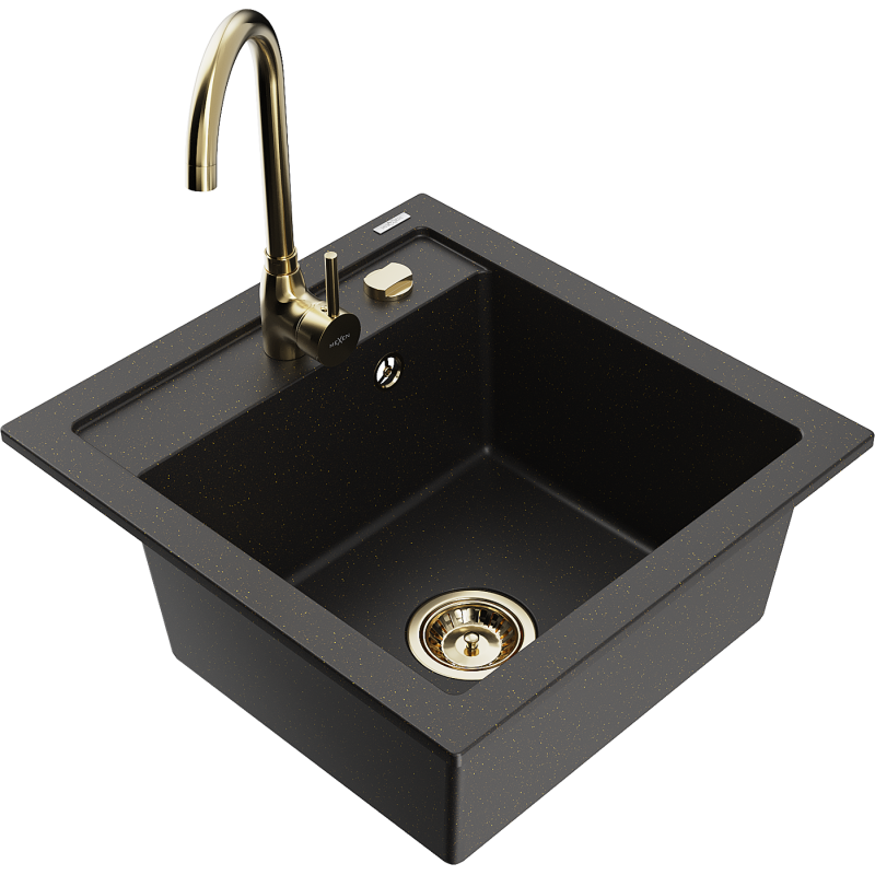 Mexen Vito Granitspüle 1-Becken mit Küchenarmatur Telma, schwarz/gold metallic - 6503-75-670200-50