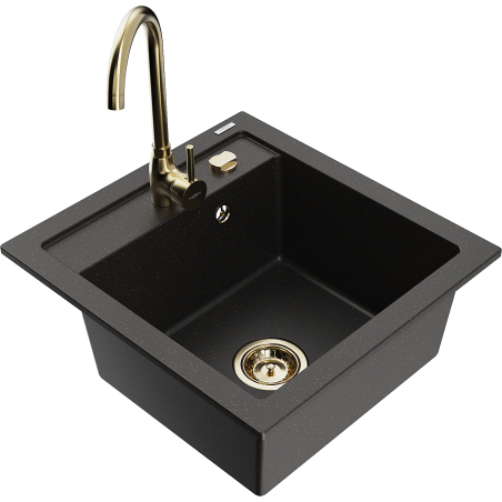 Mexen Vito Granitspüle 1-Becken mit Küchenarmatur Telma, schwarz/gold metallic - 6503-75-670200-50