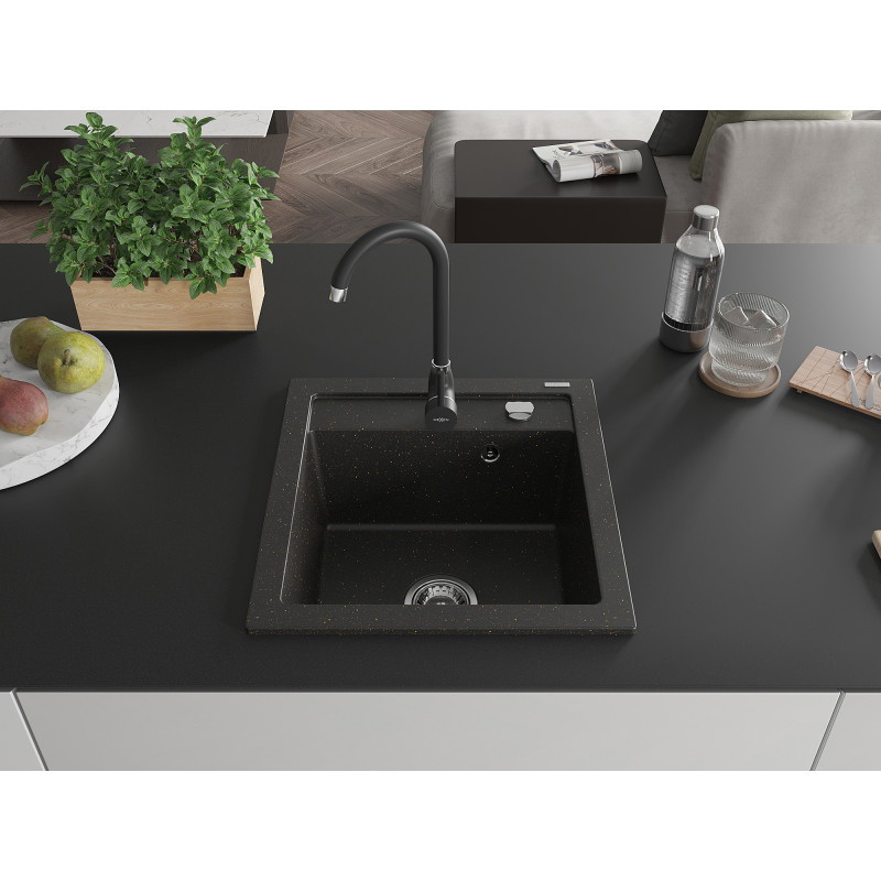 Mexen Vito Granitspüle 1-Becken mit Küchenarmatur Telma, Schwarz/Gold Metallic - 6503-75-670200-70