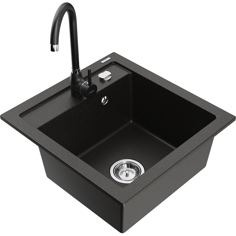 Mexen Vito Granitspüle 1-Becken mit Küchenarmatur Telma, Schwarz/Gold Metallic - 6503-75-670200-70