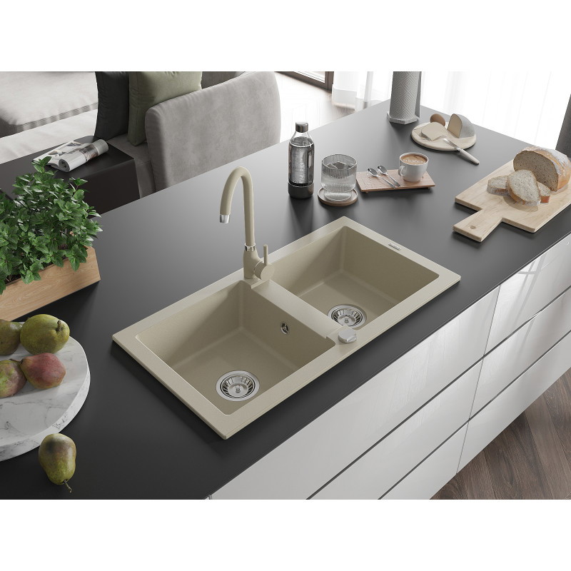 Mexen Mario Granitspüle 2-Kammern mit Küchenarmatur Telma, beige - 6504-69-670200-69