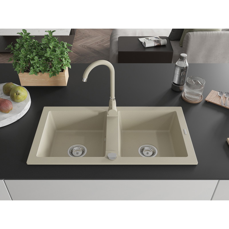 Mexen Mario Granitspüle 2-Kammern mit Küchenarmatur Telma, beige - 6504-69-670200-69