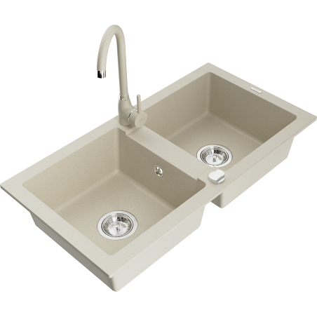 Mexen Mario Granitspüle 2-Kammern mit Küchenarmatur Telma, beige - 6504-69-670200-69