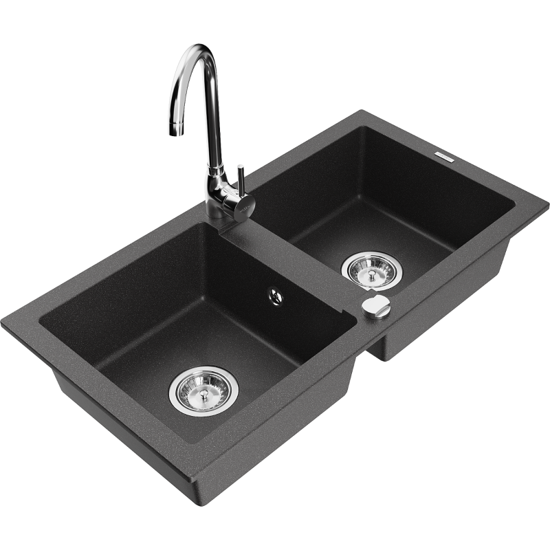 Mexen Mario Granitspüle 2-Kammer mit Küchenarmatur Telma, schwarz gesprenkelt - 6504-76-670200-00