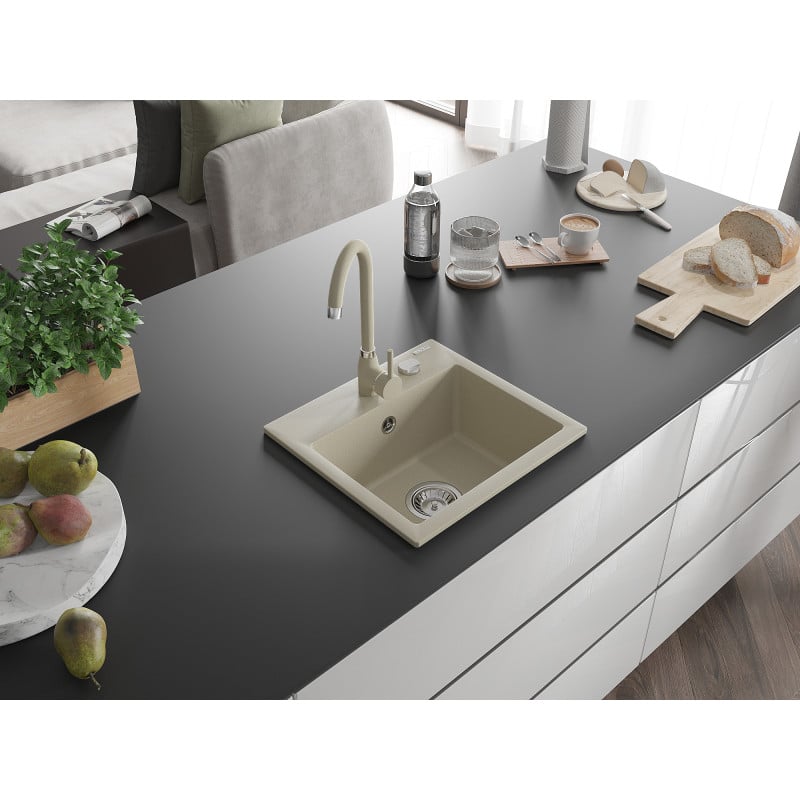 Mexen Milo Granitspüle 1-beckig mit Küchenarmatur Telma, beige - 6505-69-670200-69