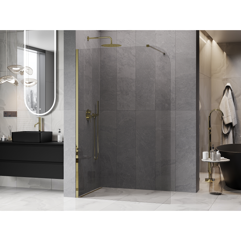 Mexen Kioto-P Duschwand Walk-in 90 x 200 cm, transparent 8 mm, gold - 800-090-101-50-00-P