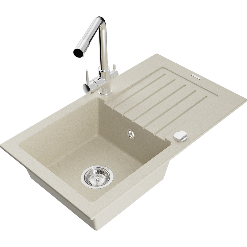 Mexen Pablo Granitspüle 1-Becken mit Abtropffläche und Küchenarmatur Duero, beige - 6510-69-671600-00