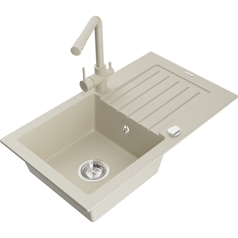 Mexen Pablo Granitspüle 1-beckig mit Abtropffläche und Küchenarmatur Duero, beige - 6510-69-671600-69