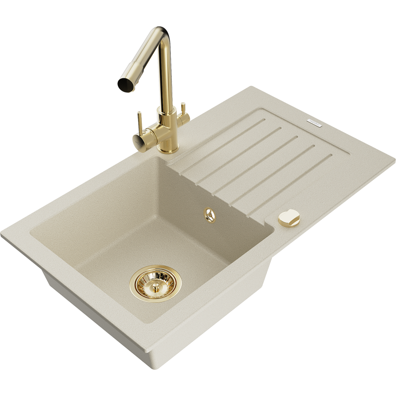 Mexen Pablo Granitspüle 1-Becken mit Abtropffläche und Küchenarmatur Duero, beige - 6510-69-671600-50