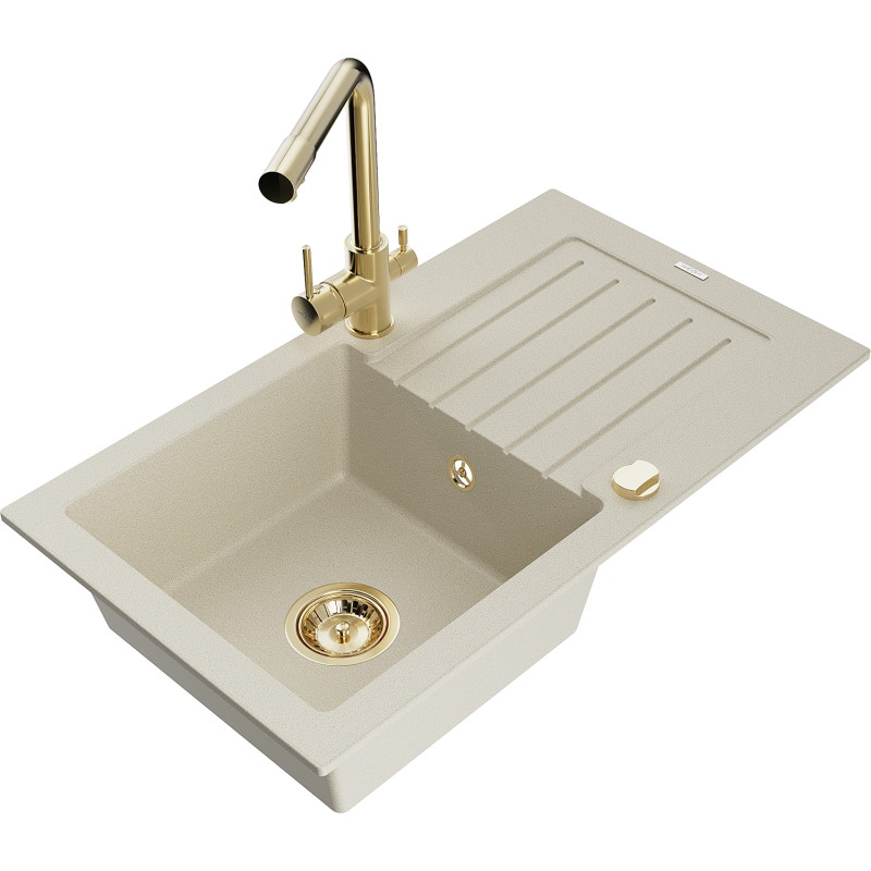 Mexen Pablo Granitspüle 1-beckig mit Abtropffläche und Küchenarmatur Duero, beige - 6510-69-671600-50