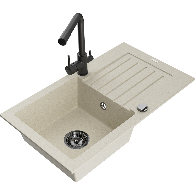 Mexen Pablo Granitspüle 1-becken mit Abtropffläche und Küchenarmatur Duero, beige - 6510-69-671600-70