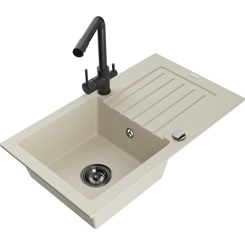 Mexen Pablo Granitspüle 1-beckig mit Abtropffläche und Küchenarmatur Duero, beige - 6510-69-671600-70