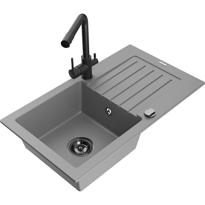 Mexen Pablo Granitspüle 1-becken mit Abtropffläche und Küchenarmatur Duero, grau - 6510-71-671600-70-B