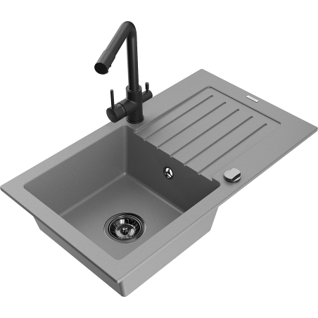 Mexen Pablo Granitspüle 1-becken mit Abtropffläche und Küchenarmatur Duero, grau - 6510-71-671600-70-B