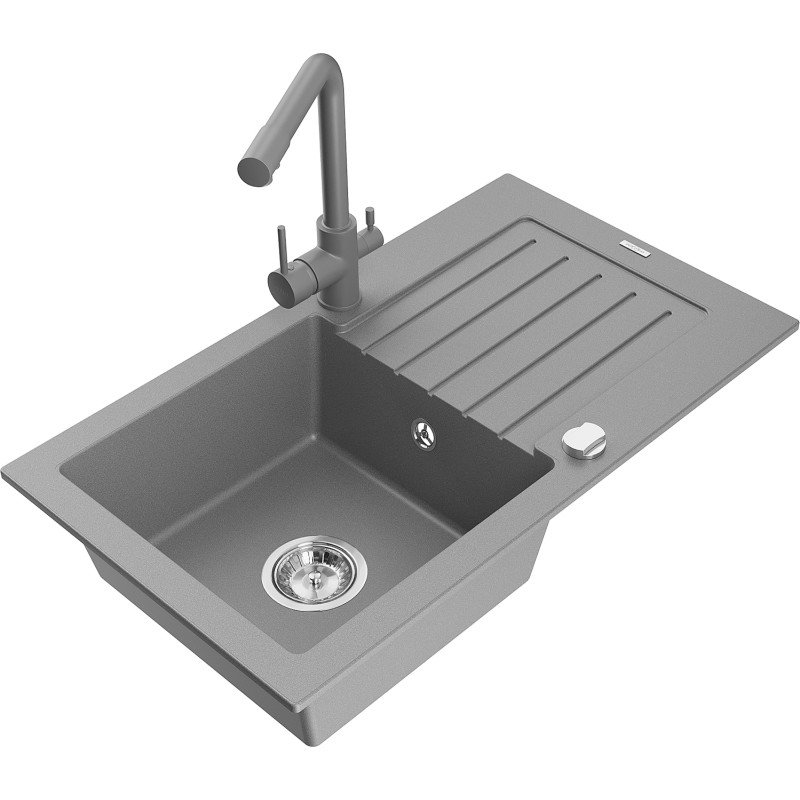 Mexen Pablo Granitspüle 1-bowl mit Abtropffläche und Küchenarmatur Duero, grau - 6510-71-671600-71