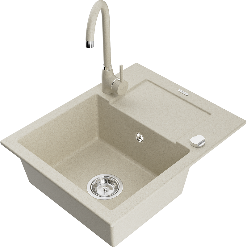 Mexen Enzo Granitspüle 1-Becken mit Abtropffläche und Küchenarmatur Telma, beige - 6506-69-670200-69