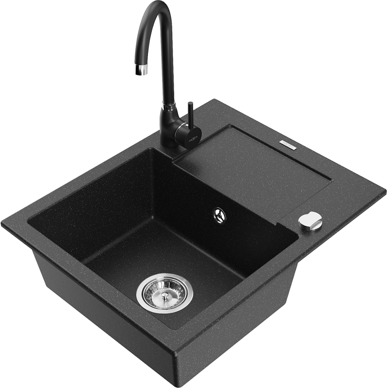 Mexen Enzo Granitspüle, 1-Becken mit Abtropffläche und Küchenarmatur Telma, schwarz/silber - 6506-73-670200-70
