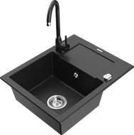 Mexen Enzo Granitspüle, 1-Becken mit Abtropffläche und Küchenarmatur Telma, schwarz/silber - 6506-73-670200-70