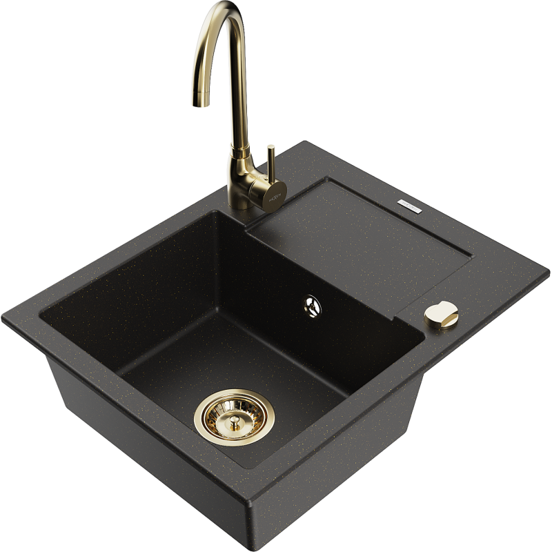 Mexen Enzo Granitspüle 1-Becken mit Abtropffläche und Küchenarmatur Telma, schwarz/gold - 6506-75-670200-50