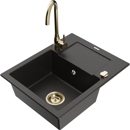 Mexen Enzo Granitspüle 1-Becken mit Abtropffläche und Küchenarmatur Telma, schwarz/gold - 6506-75-670200-50