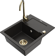 Mexen Enzo Granitspüle 1-Becken mit Abtropffläche und Küchenarmatur Telma, schwarz/gold - 6506-75-670200-50