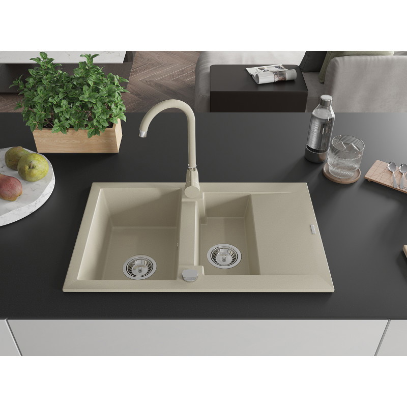 Mexen Gaspar Granitspüle 1,5-beckig mit Abtropffläche und Küchenarmatur Telma, beige - 6507-69-670200-69