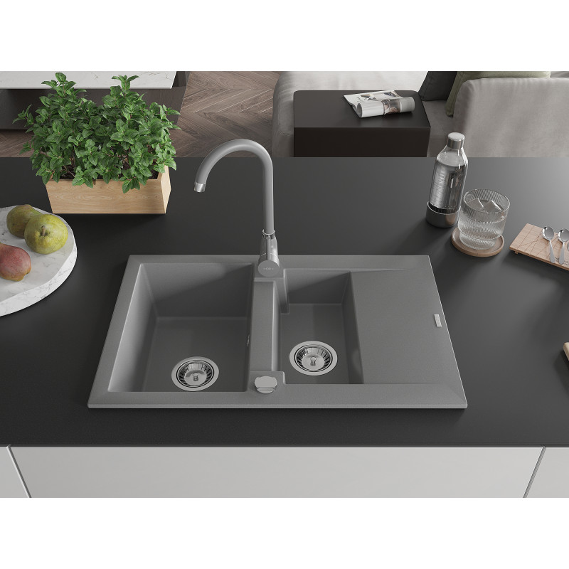 Mexen Gaspar 1,5-Kammer-Granitespüle mit Abtropffläche und Küchenarmatur Telma, grau - 6507-71-670200-71